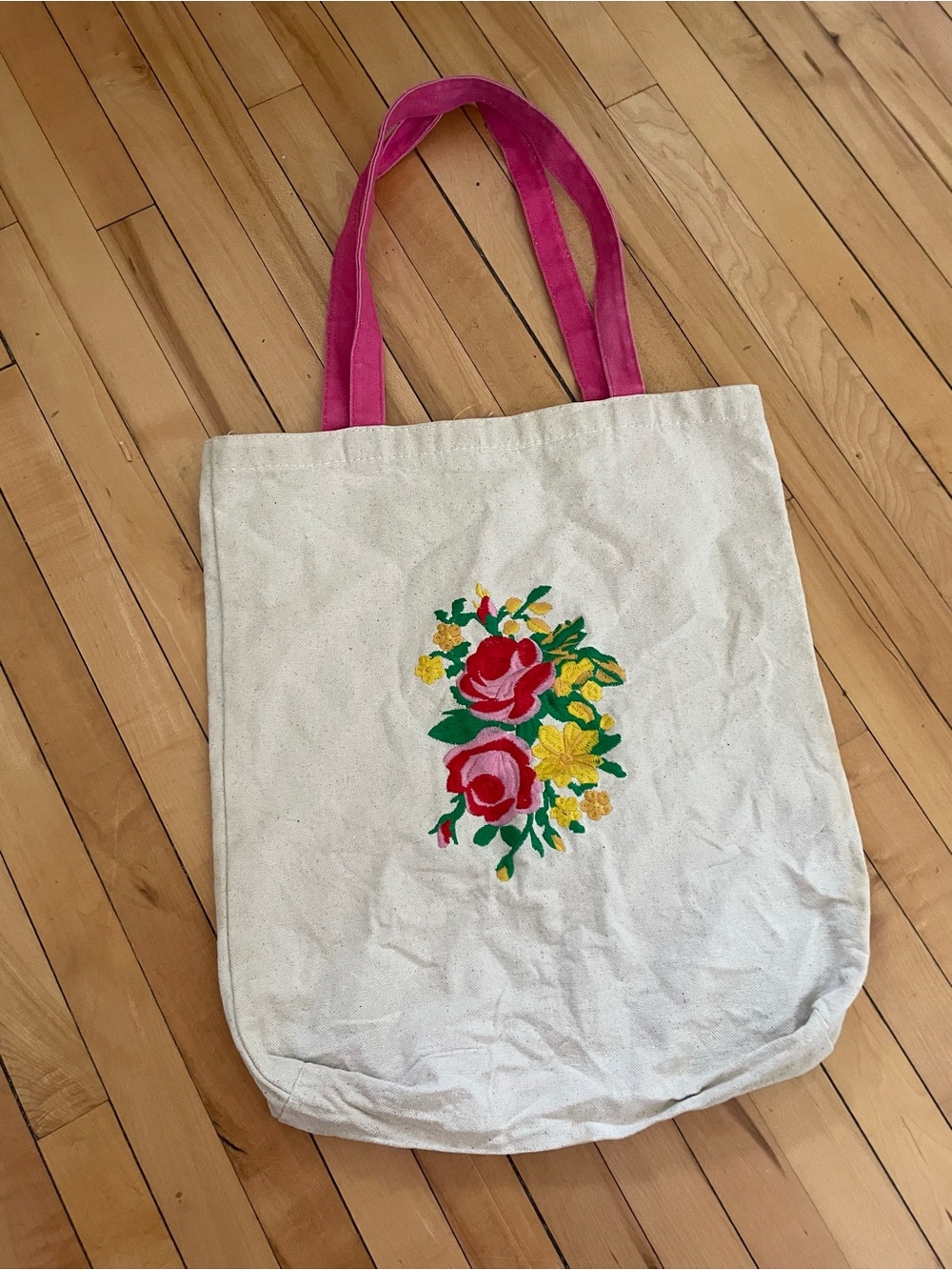 Canvas Floral Tote Bag with Pink Handles